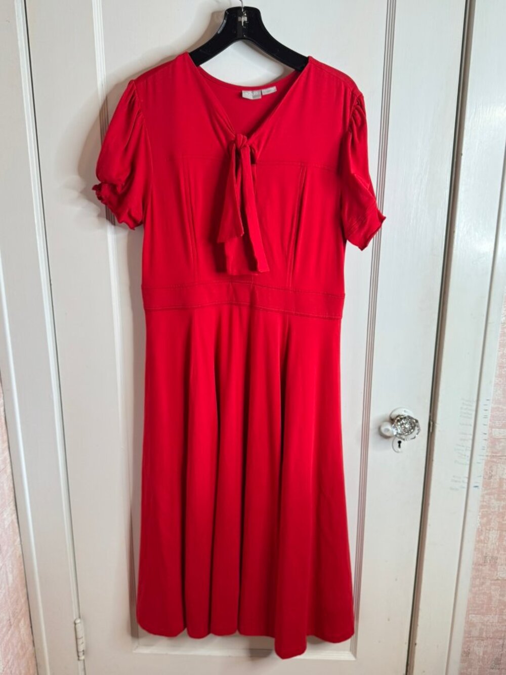 eShakti Red Retro Fit & Flare Short Sleeve Bow Below Knee Dress sz M - L